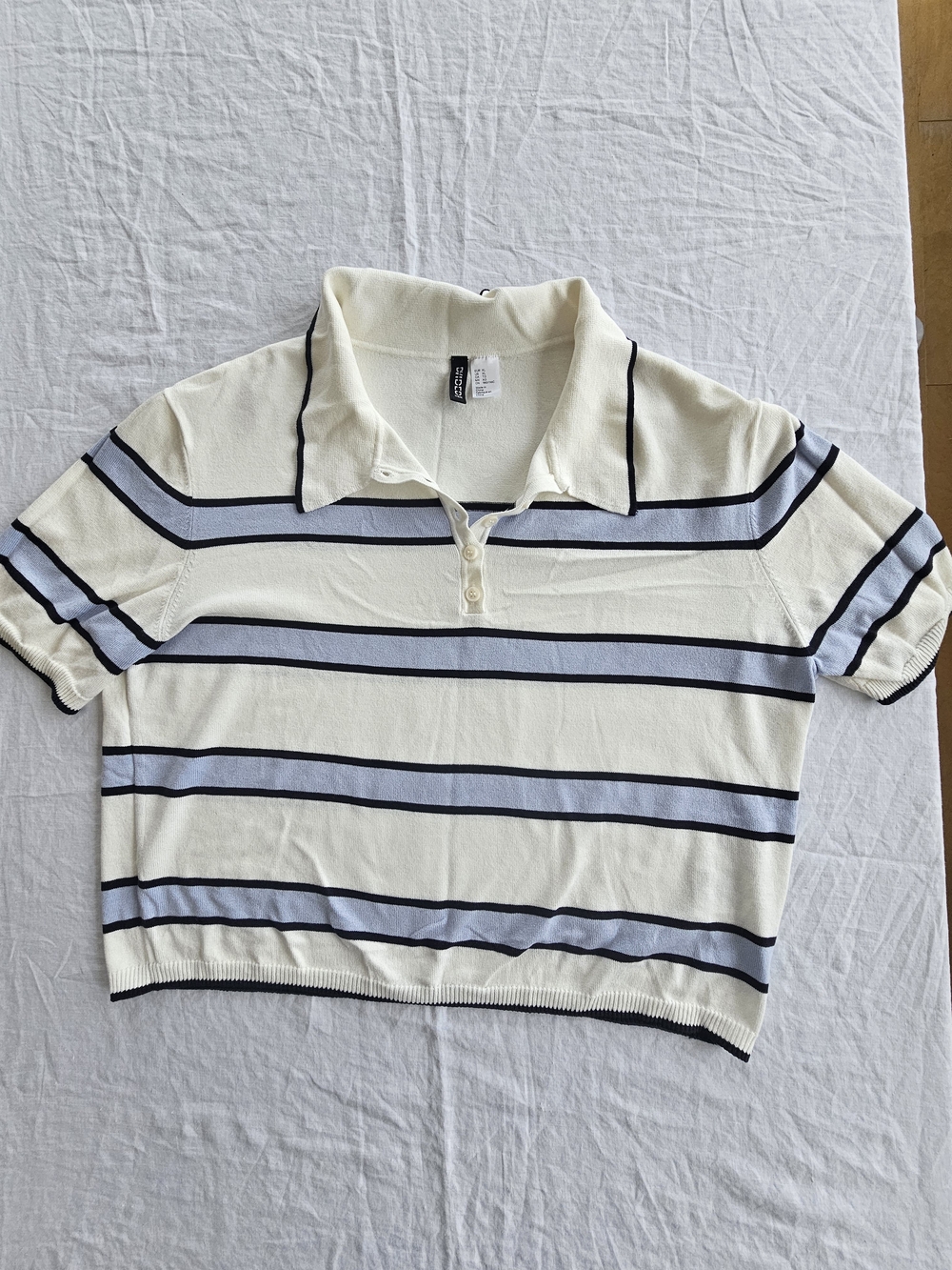 H&M Womens Cream and Light Blue Striped Knit Polo Top Size XL